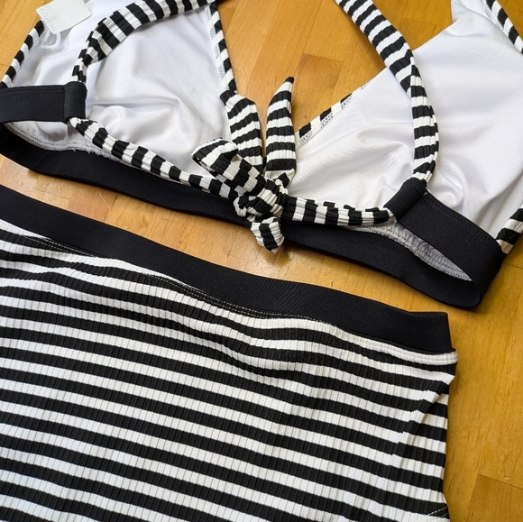 Striped Ribbed Bikini Highrise Bottoms & Crossback Halter Top Size S NWOT - Picture 7 of 7